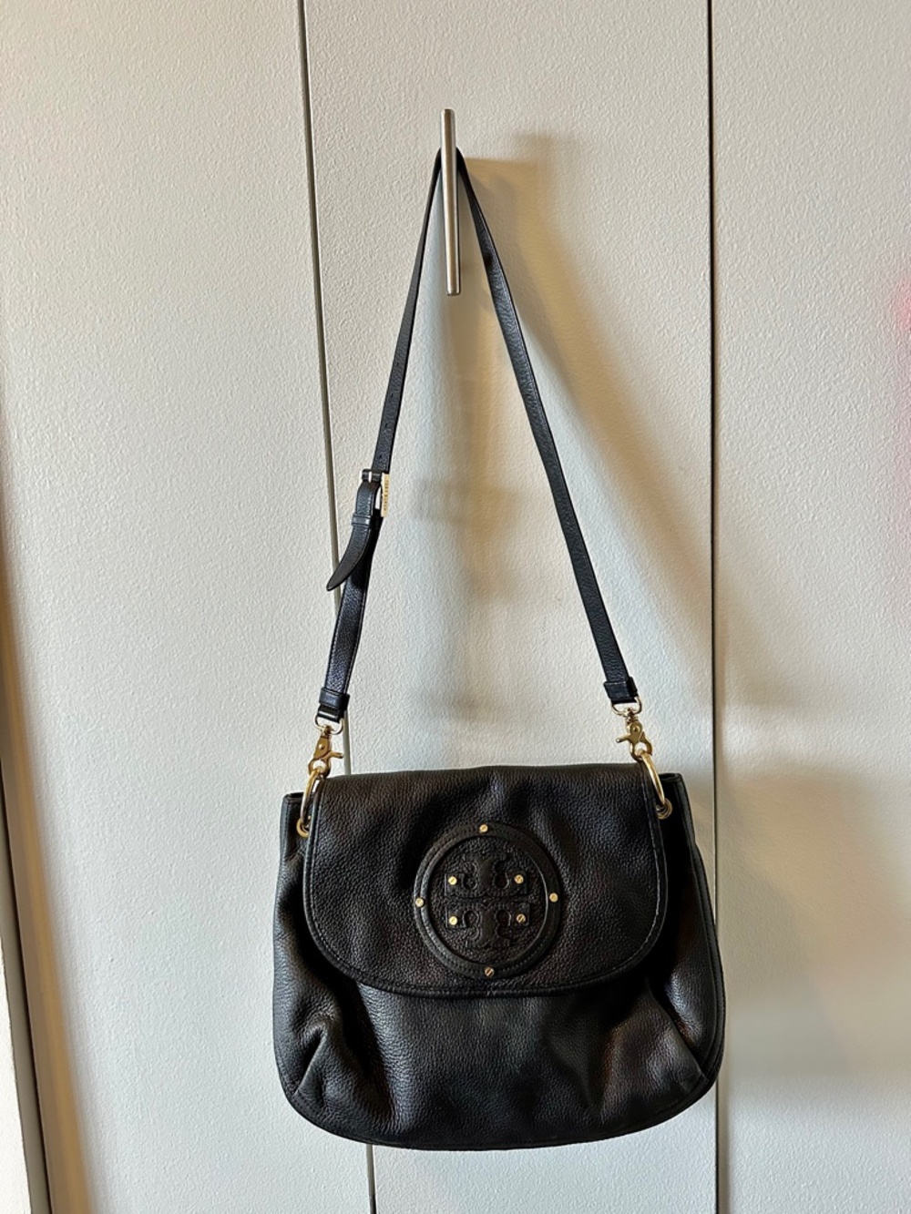 Tory Burch Black Pebbled Leather Crossbody Bag Gold Hardware Large Purse - Picture 5 of 13